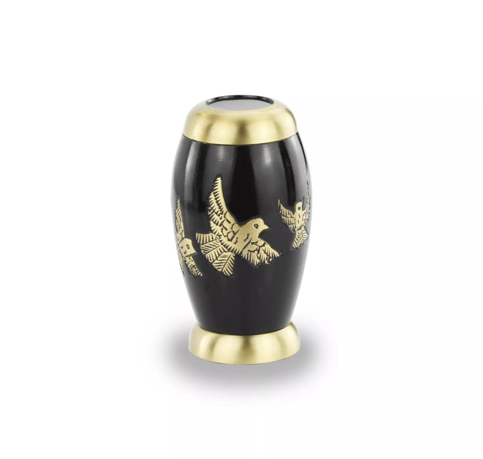 Messing mini urn - zwart met gouden vogels