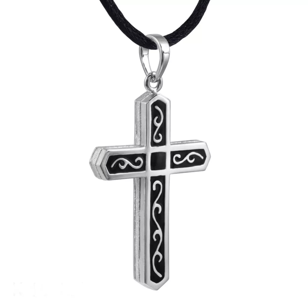 Silver ash pendant - Cross with black print