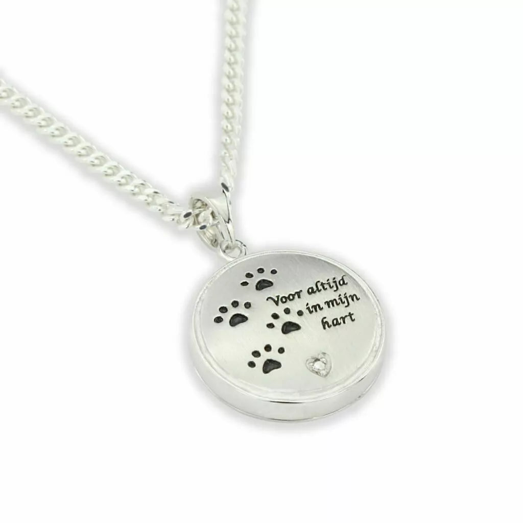 Animal ash pendant Silver - Round with paw print and engraving