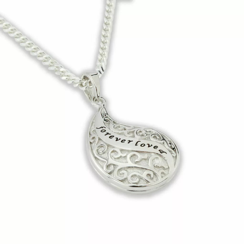 Silver ash pendant - tear with engraving