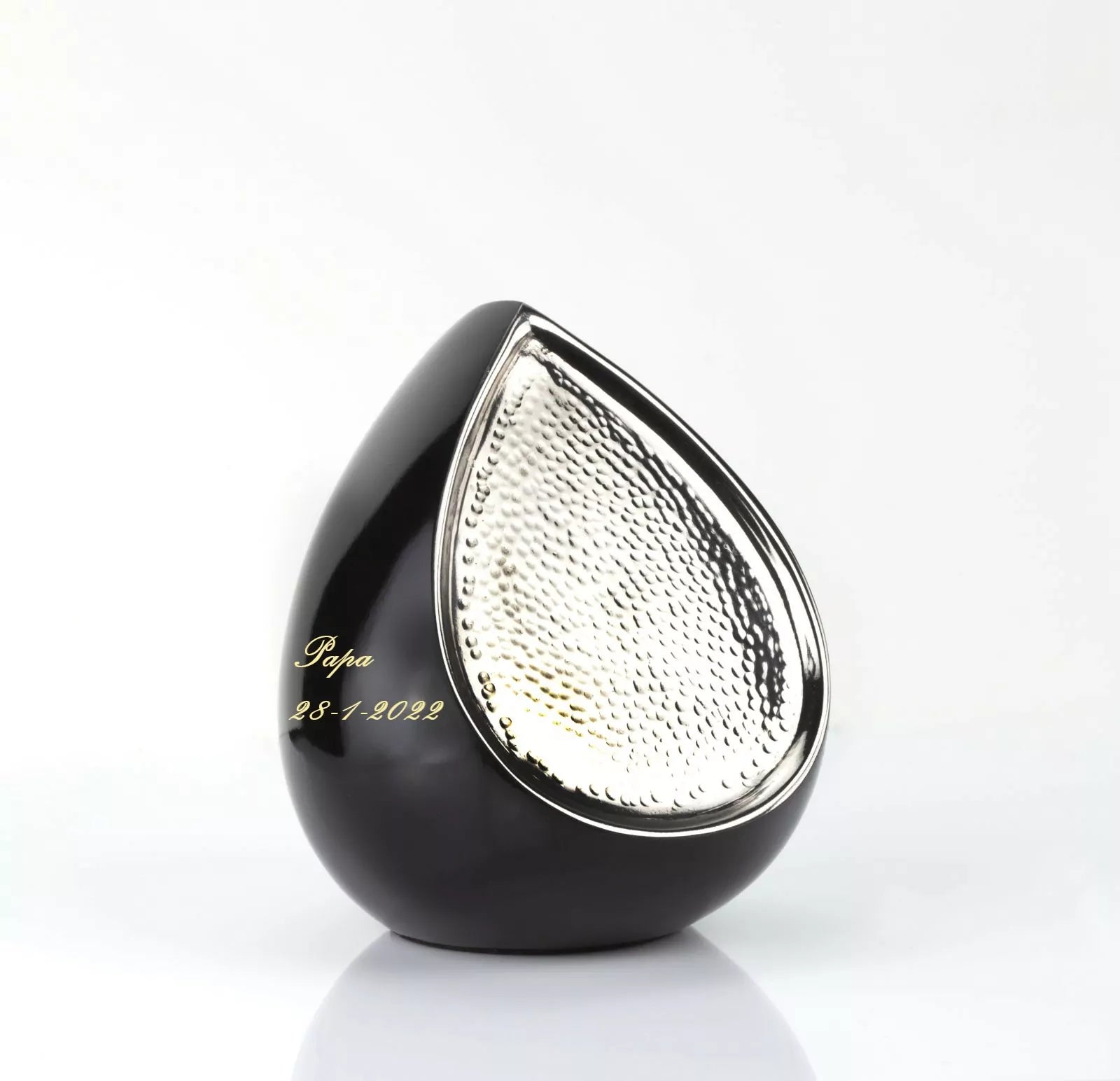 Brass mini urn - black teardrop with a silver design